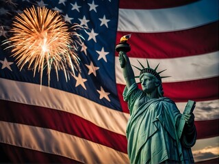 Naklejka premium The Statue of Liberty is surrounded by fireworks in the sky