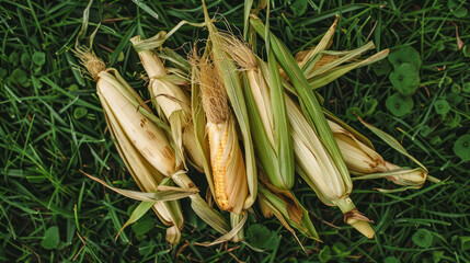Corn on the cob sprawled in grass