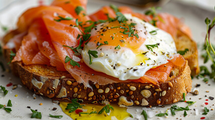 Close-Up Gourmet Smoked Salmon on Toast. A close-up of a gourmet smoked salmon and poached egg on whole grain bread. - Powered by Adobe