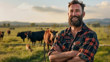 A bearded man stands by a fence with cattle in the background against a sunset sky. - obrazy, fototapety, plakaty