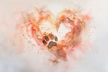 Abstract heart with paw print watercolor painting on white background