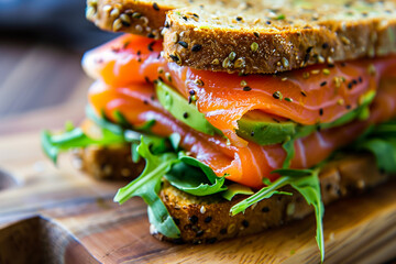 Close-Up Smoked Salmon Avocado Sandwich. Close-up of a smoked salmon and avocado sandwich on a wooden board.