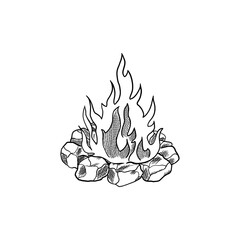 Contour hand-drawn black and white illustration of a burning campfire with stones around. Isolated on a white background. Campfire for tourists for travel.