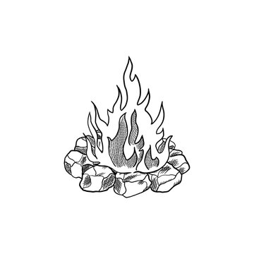 recommend clip art: Contour hand-drawn black and white illustration of a burning campfire with stones around. Isolated on a white background. Campfire for tourists for travel.