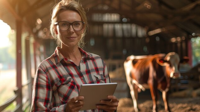 woman, farmer, digitaltablet, agriculture, barn, livestock, cattle, farming, technology, adult, rural, cow, female, country, smartdevice, outdoors, sunny, glasses, plaidshirt, professional, smiling, c