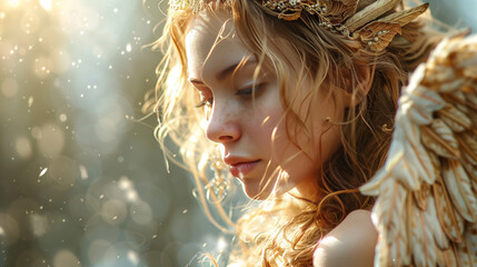 Close up of a female angel in strong sunlight, with a contemplative expression - obrazy, fototapety, plakaty