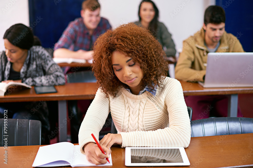 Poster university, girl and writing with tablet in classroom for project, knowledge and research at campus.