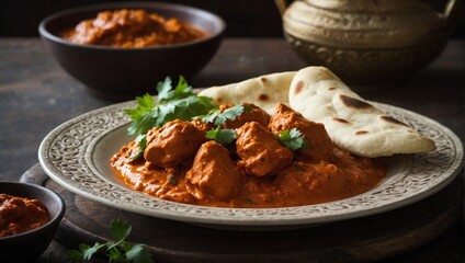 A plate of chicken tikka masala with naan