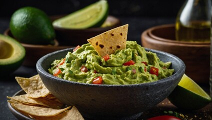 A bowl of guacamole with tortilla chips