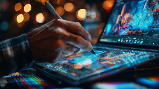 Woman hand drawing with graphics tablet, working designer