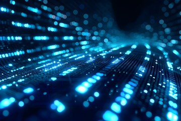 walls wrapped in digital binary codes with blue lights in the technology gateway