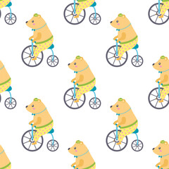 seamless pattern with circus bear on bicycle