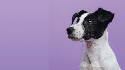 Black and White Dog Looking Thoughtfully on a Purple Background Concept of pet mindfulness and serene beauty