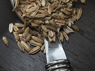 Whole fennel seeds piled on a silver spoon dark wooden background