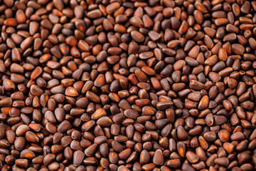 Texture fresh brown pine Cedar nuts in shell as background, Top view