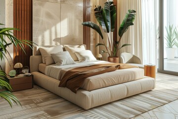 The double bedroom has beige furniture and plants in the background