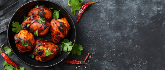Flavorful Tandoori Chicken with Cilantro Garnish - A Culinary Delight, top view with copy space