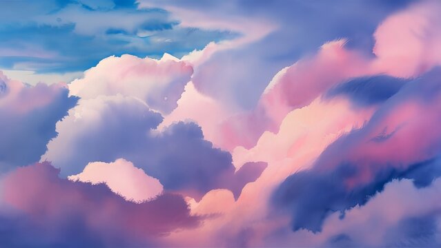 This captivating image features an abstract interpretation of a sky filled with dynamic, colorful clouds, brushed with gentle pink hues and blue sky