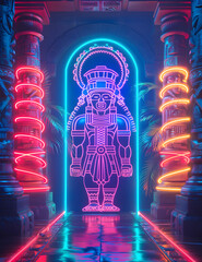 A neon lighted statue of a man stands in front of a neon lighted archway