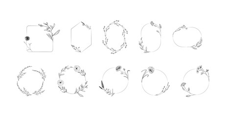 Botanical circle frame. Hand drawn round line border, leaves and flowers, wedding invitation and cards, logo design and posters template. Elegant minimal style floral vector isolated set