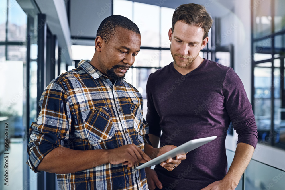 Poster Business people, tablet and teamwork in office or workspace with digital software for IT startup. Worker, men or employee scroll, typing and check application for cloud computing service and update