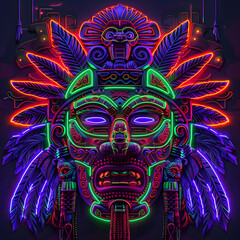 A neon lighted mask of a Native American Indian