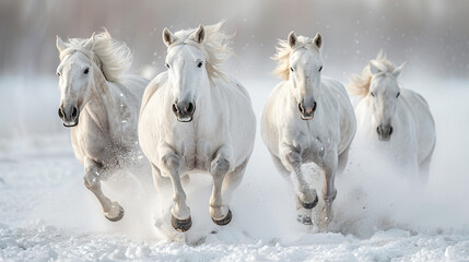 Beautiful white horses run gallop in the snowy field - obrazy, fototapety, plakaty