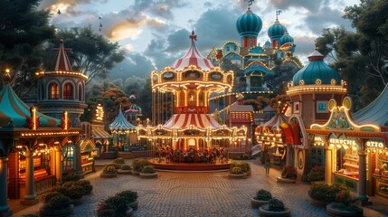 A surreal magical theme park funfair with a lot of carousel and games
