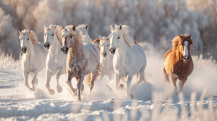 Beautiful white horses run gallop in the snowy field - obrazy, fototapety, plakaty