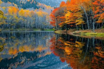 Reflective surface of a calm pond mirroring the vibrant autumn foliage