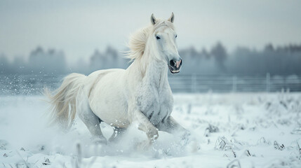 Beautiful white horses run gallop in the snowy field