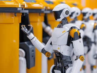 A robot is standing in front of a yellow trash can. There are several other robots in the background