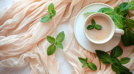 Cup of coffee with green mint  leaves