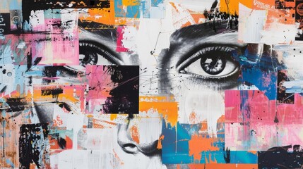 Fototapeta premium Colorful paint strokes and splatters on artistic collage with mixed media - expressionism, modern art, visual arts - publishing, marketing.