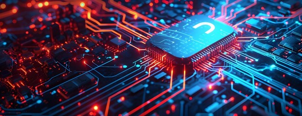 walls wrapped in digital binary codes with blue lights in the technology gateway