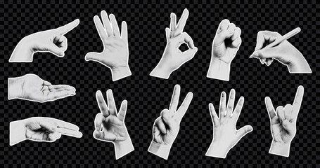  Set of hand gestures with the effect of halftones. Dot elements for collages, posters, postcards, social networks, web design. Modern vector illustration.