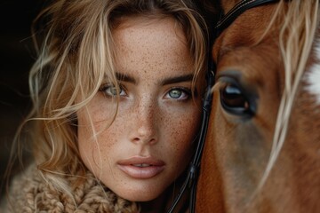An evocative close portrait of a woman's alluring eyes as she shares an intimate moment with a horse