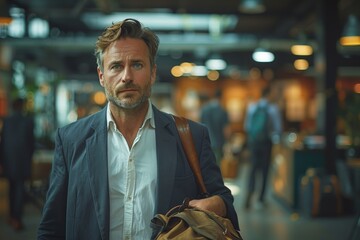 Mature businessman with a leather bag standing confidently in a busy urban setting