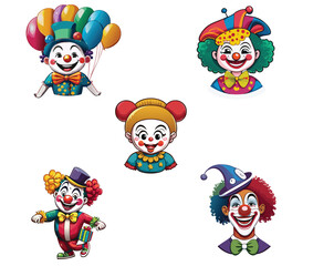 set of Clown characters vector set design. Birthday balloon and joker characters in colorful wig, hat and costume with happy and funny facial expression. Vector Illustration.