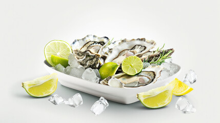 Bowl of oysters with lemon wedges and ice