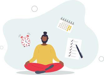 businessman meditate balancing clock and calendar on completed task paper.flat vector illustration.