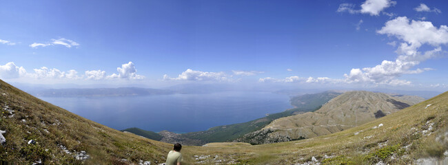 A panoramic view of the Lake Ohrid from near Magaro peak on Galichica mountain.