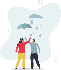 kindness businessman offer umbrella to protect woman.flat vector illustration.