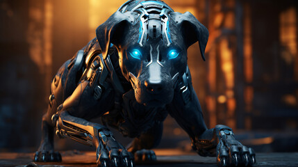 Imposing cybernetic dog stands alert, its blue eyes glowing against a backdrop of warm, industrial amber tones.