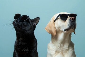 Elegant Labrador Retriever and sleek black cat wearing sunglasses, a visual metaphor for cool companionship and interspecies friendship