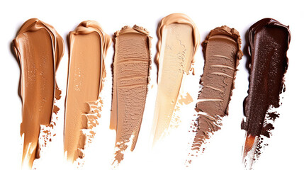 Assorted shades of beige liquid foundation swatches on a  white background