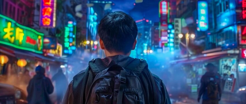 A man standing with his back turned in a busy Asian city street with neon lights.