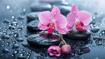 Pink orchid on black stone with water splashes around