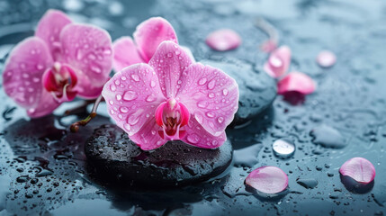 Pink orchid on wet black stone