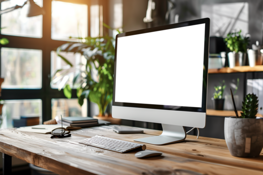 Blank Screen Desktop on wood table in the office, advertisement and promotion, Empty, Template, Transparent, cut out